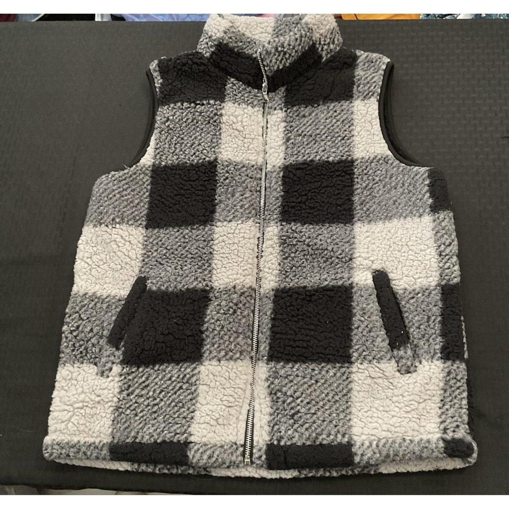 LOMON Vest Womens Large Gray Plaid Sherpa Fleece Full Zip Pockets Cozy Warm